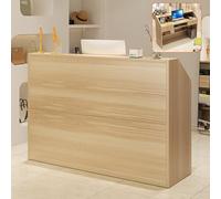 STARHMLUX Small Reception Desk with Counter, Modern Reception Table with Open Display Shelves, Wooden Front Desks, with Lockable Drawer, for Checkout, Lobby, Beauty Salon Natural Wood 120cm