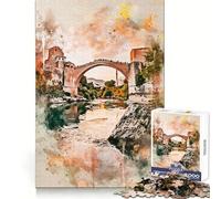 Stari Most in acquerello Puzzle da 1000 pezzi per adolescenti Richiamo Miglioramento Rilassante Divertimento Ritagliato Regalo stagionale 38x52cm
