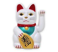 Starlet24 - Gatto portafortuna “Maneki Neko” con zampina che si muove, per feng shui, Plastica, bianco, 15 cm