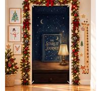 Starlit Journey Storybook Citazioni Libro di Natale Coperture per porte | Celeste notte skyline tema, porta d'ingresso, sfondo, vendemmia, biblioteca, estetica, fantasioso, libro fiabe, illustrazione
