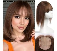 starluck Topper per capelli con frangia da donna, 12,7 x 14 cm, base grande, marrone vero umano, per diradare i capelli e copertura delle radici grigie