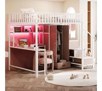 staronce Letto a soppalco, 140 x 200 cm, con scrivania, armadio, LED e USB | Con scrivania, armadio, vano portaoggetti, LED e USB, salvaspazio con ringhiera di sicurezza per la cameretta dei bambini e