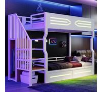 staronce Letto a soppalco 90 x 200 cm con LED e vano portaoggetti, letto in ferro con scale e armadio, letto a castello per adolescenti, letto in metallo con ringhiera alta, colore bianco, portata 120