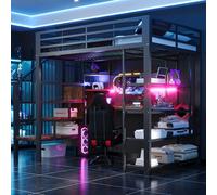 staronce Letto a soppalco da 140 x 200 cm, in metallo con vano portaoggetti e illuminazione LED, presa europea e parete forata, scrivania integrata, scaffali multipiani, letto singolo nero