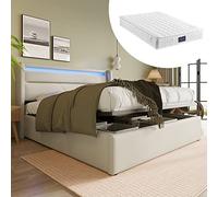 staronce Letto idraulico con spazio 160 x 200 cm, bianco, set completo con illuminazione a LED e telecomando, incluso materasso a molle a 7 zone, letto funzionale in poliuretano, comodo letto