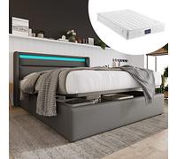 staronce Letto idraulico con spazio di archiviazione 140 x 200 cm, grigio, set completo con illuminazione a LED e telecomando, incluso materasso a molle a 7 zone, letto funzionale in poliuretano