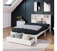 staronce Letto portaoggetti 90 x 200 cm con cassetti e libreria nella testiera - Letto singolo e ragazzi in legno massello con rete a doghe, lettino per adolescenti e adulti - bianco, pratico letto