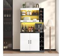 staronce Mobile da cucina con vano microonde e LED, 100 × 47 × 187 cm | Armadio alto con fori per cavi e ripiani regolabili in legno, MDF e vetro