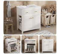 staronce Mobile lavabo autoportante da 81 cm, colore bianco, lavabo in ceramica con design scanalato e chiusura morbida, in MDF, resistente all'umidità, spazio per piccoli bagni e WC degli ospiti
