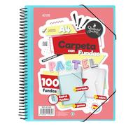 Starplast Cartella Buste Spirale Flessibile - 100 buste trasparenti, A4, chiusura elastica, copertina in polipropilene, copertina personalizzabile, per uso scolastico e ufficio - colore Blu Pastello