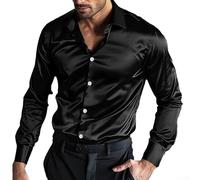 Startbuymore Camicia da uomo con colletto a maniche lunghe, in raso e seta, con bottoni, tinta unita, per feste di nozze, discoteca e uso casual (M, nero)
