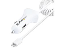 StarTech.com Caricatore da auto Lightning con cavo a spirale - Caricatore per Iphone da 1 m - Caricatore da auto doppio USB per telefoni e tablet - Caricatore da auto bianco da 12 W - Nouvo
