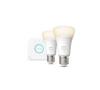 Philips Lighting Hue White Starter Kit con 2 Lampadine Attacco E27, con Bluetooth, Luce Bianca Calda Dimmerabile + 1 Bridge Hue Controllo Completo del Sistema, Bianco