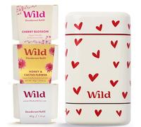 Starter pack deodorante naturale ricaricabile Wild 0% alluminio - Contenitore stampa Cuoricini e Cherry Blossom, Honey & Cactus Flower, Coconut & Vanilla - 24h di protezione dagli odori - Vegano