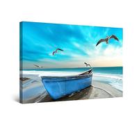 Startonight Quadro su Tela Spiaggia Blu degli Uccelli della Barca, Grandi Quadri Moderni Stampe Grande per Soggiorno Stampe Incorniciate 80x120 cm, Decorazione Parete, Idea Regalo Elegante