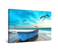 Startonight Quadro su Tela Spiaggia Blu degli Uccelli della Barca, Quadri Moderni Stampe Camere da Letto Stampe Incorniciate 60x90 cm, Decorazione Parete, Idea Regalo Elegante Luminoso al Buio