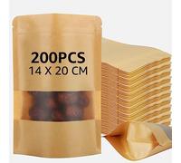 STARVAST Confezione da 200 sacchetti con zip Kraft di carta, 16x22 cm, sacchetto Kraft alimentare con finestra trasparente, tè, chicchi di caffè