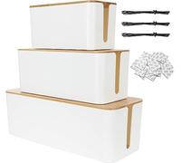 STARVAST Set di 3 scatole copricavo, scatola di immagazzinaggio cavi elettrici con coperchio in legno, scatola di copertura multipresa per protezione cavi e presa elettrica con 20 adesivi double face