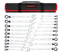 STARWORK True Mechanic - Set di 20 chiavi miste a cricchetto reversibili, antiscivolo, modello lungo, SAE, metrico, professionale, con custodia arrotolabile portatile