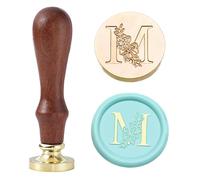 Statice - Timbro per ceralacca, lettera M, con iniziale, con fiore, 25 mm, in ottone, per buste, inviti o regali di San Valentino