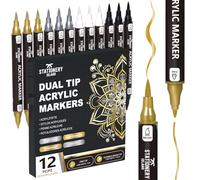 STATIONERY ISLAND Pennarelli Acrilici Metallici - 12 Marker Oro, Argento, Bianco e Nero - Doppia Punta Fine e Pennello con Inchiostro a Base d’Acqua per Pietra, Vetro, Legno, Metallo e Ceramica