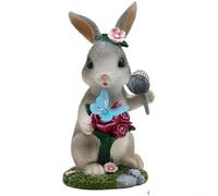 Statua a energia solare a forma di coniglio, altezza 23 cm, con luce spenta | Resina resistente alle intemperie, grigio per finitura beige, per uso esterno durevole, motivo coniglio farfalla