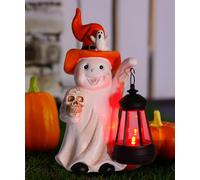 Statua a energia solare di Halloween con teschio incrinato e lanterna, decorazione per esterni