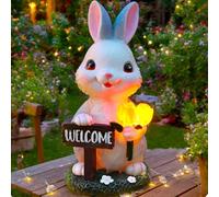 Statua a forma di coniglietto a energia solare con tulipano LED e cartello di benvenuto, statuetta animale in resina, ornamento da giardino, impermeabile IP44, decorazione per esterni, cortile, patio