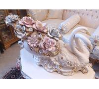 Statua Capodimonte Statuetta Cigni Fiori Soprammobile Statuina Oro Porcellana