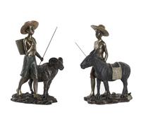 STATUA CONTADINI COPPIA SCULTURA SOPRAMMOBILE DECORAZIONE IN RESINA ASINO ARIETE