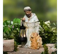 Statua Da Giardino Di San Francesco Con Lantern E Scoiattolo Illuminata Dal Sole