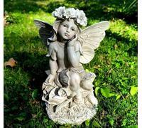 Statua da giardino fatata per esterni, 32 cm, angelo custode che tiene il viso su base floreale, scultura decorativa da giardino in resina impermeabile, regalo unico per patio, balcone, cortile,