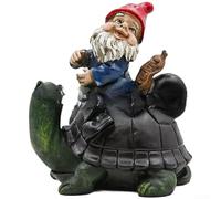 Statua da giardino in resina che mostra un elfo che cavalca una tartaruga per uso decorativo con attenzione ai dettagli artigianali