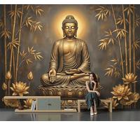 Statua Da Meditazione Nella Foresta Di Bambù Carta Da Parati Panoramica 400X280Cm, Paesaggio Zen Moderne Carta Da Parati Fotografica Seta, Oro Grandi Murali Per Soggiorno Camera Da Letto Studio