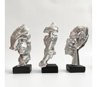 Statua del pensatore a 3 pezzi, il silenzio è una statuetta d'arte astratta in oro, sculture in resina per la casa moderna Decorazioni per oggetti decorativi per l'ufficio domestico (Argento)