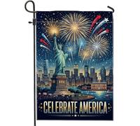 Statua della Libertà Bandiera da giardino, Patriottica Celebratory Fireworks Stars Independence Day Blue Burlap Double Sided Piccola bandiera da giardino per esterni portico prato patio terrazza 30,5