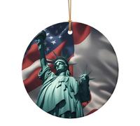 Statua della Libertà Stampa Bandiera Circolare Ornamento di Natale, Ceramica Decorazioni di Natale per Albero, Ornamento Vacanza, Idea Regalo Unica