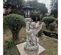 Statua di angelo con luci solari, 48 cm, statua da giardino a forma di cherubino solare, in poliresina con pilastro Roma per decorazione da giardino, veranda, decorazioni artistiche da cortile retrò B