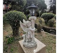 Statua di angelo con luci solari, 48 cm, statua da giardino a forma di cherubino solare, in poliresina con pilastro Roma per decorazione da giardino, veranda, decorazioni artistiche da cortile retrò A