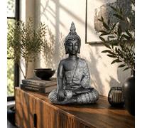 Statua di Buddha Buddista Feng Shui Figura Decorazione Giardino Benessere Deco argento e nero ottica pietra sintetica