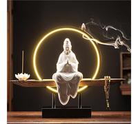Statua di Buddha Kwan Yin in ceramica con luce LED, bruciatore di incenso a riflusso, supporto per bastoncini di loto, decorazione zen fatta a mano per meditazione, yoga, relax, casa e ufficio
