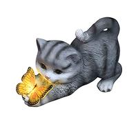Statua di gatto solare all'aperto con farfalla illuminata, figurina per animali da gattino in resina da giardino, decorazione per ornamenti del memoriale per animali domestici, giallo, giallo
