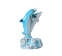 Statua di mini delfini blu che cavalcano le onde, statuetta a tema oceano costiero, scultura in resina di delfini con base ondulata, decorazione di vita marina(C)