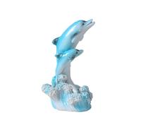 Statua di mini delfini blu che cavalcano le onde, statuetta a tema oceano costiero, scultura in resina di delfini con base ondulata, decorazione di vita marina(B)