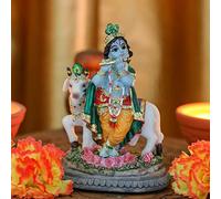Statua di Piper Krishna e mucca - Cultura Sri Krishna Nuova mano realizzata Statua indiana in piedi e suonare il flauto e la dea idolo/statua/Murti/Figurina (3,5 pollici) -Resina
