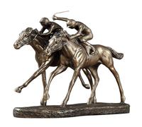 Statua in bronzo a doppia corsa di cavalli, scultura di due fantini che corrono di cavalli, statuetta creativa da collezione, ornamento in resina per casa, ufficio e soggiorno