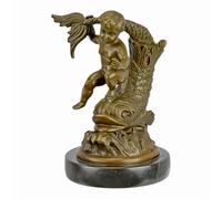 Statua in bronzo di Putto su un pesce, 16 cm, classica scultura di cherubino su base in marmo greco, in vero bronzo a cera persa, realizzata a mano in Grecia