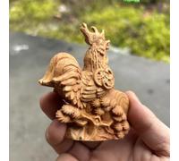 Statua in legno di un gallo fortunato e propizio, pollo intagliato a mano, feng shui e ricchezza, artigianato da scrivania per ufficio, realizzato in legno di cipresso scogliera, 8 cm