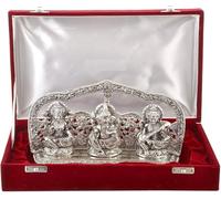 Statua placcata in argento di Laxmi Ganesh Saraswati, Idolo Divino, finitura ossidata, con bella scatola di velluto e borsa per il trasporto (29 cm x 18 cm x 7 cm), religiosa
