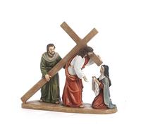 Statua Presepe Pasquale Scena Via Crucis Gruppo Gesù Porta Croce con Samaritano e Veronica 17,5 x 19,5 cm in Resina